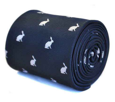 navy tie with white rabbit silhouette design